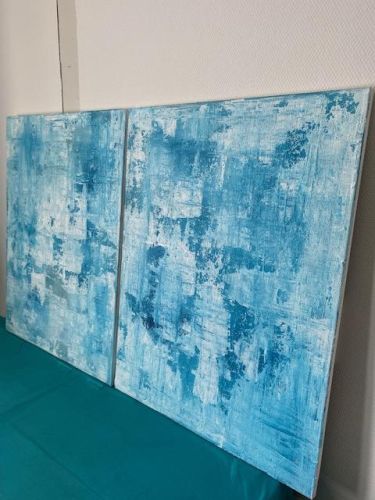 Duo de toiles 60 cm x 80 cm nuances de bleu azur.